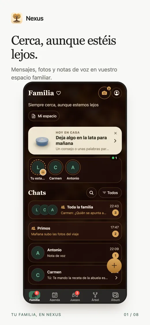 Cerca, aunque estéis lejos. Mensajes, fotos y notas de voz en vuestro espacio familiar.